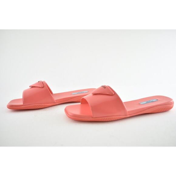 Prada Corallo Red Rubber Leather Triangle Logo Slide Sandal Flip Flop Flat 38 - Picture 10 of 12